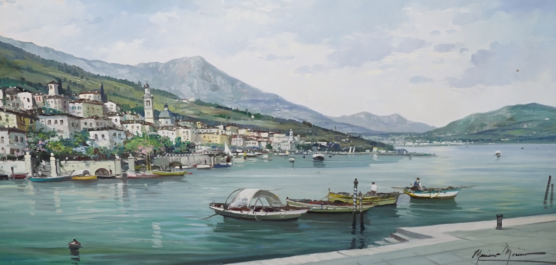 Mariano Moreno (Italian, 1912-1990), oil on canvas, ‘Lake Como’, signed, inscribed verso, 59 x 120cm. Condition - good